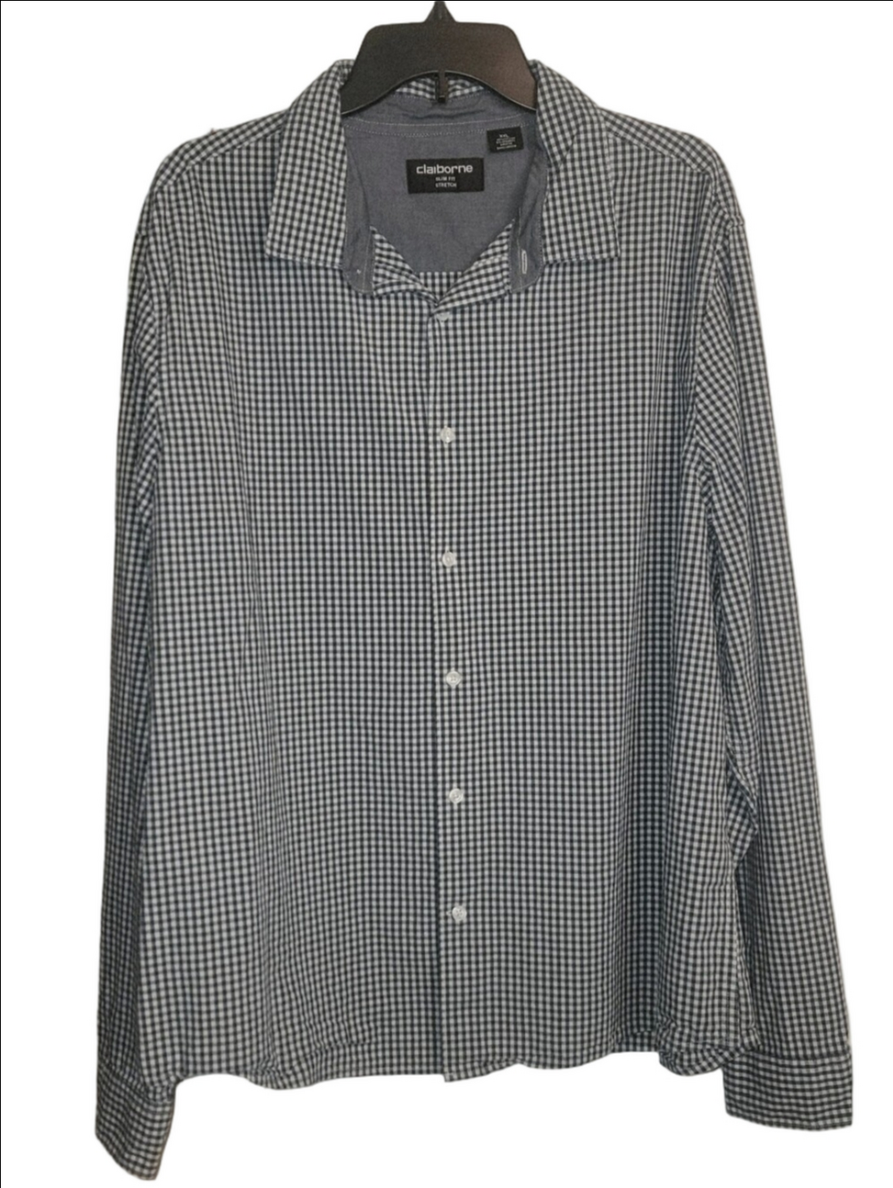 CLAIBORNE Dark Forest Green Gingham Plaid Button Down XXL Slim Fit Stretch